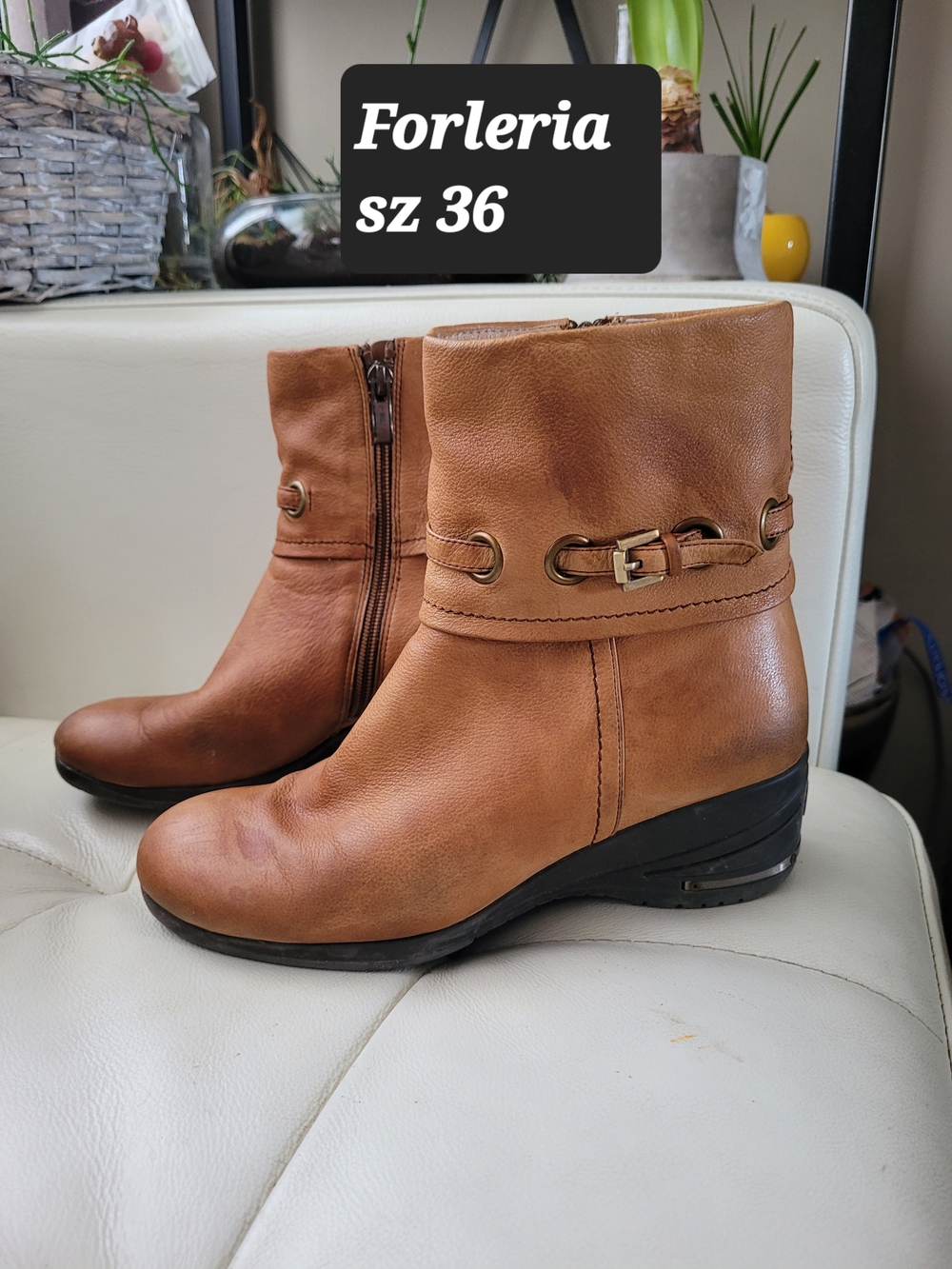 Tan Leather Ankle Booties with Buckle Detail